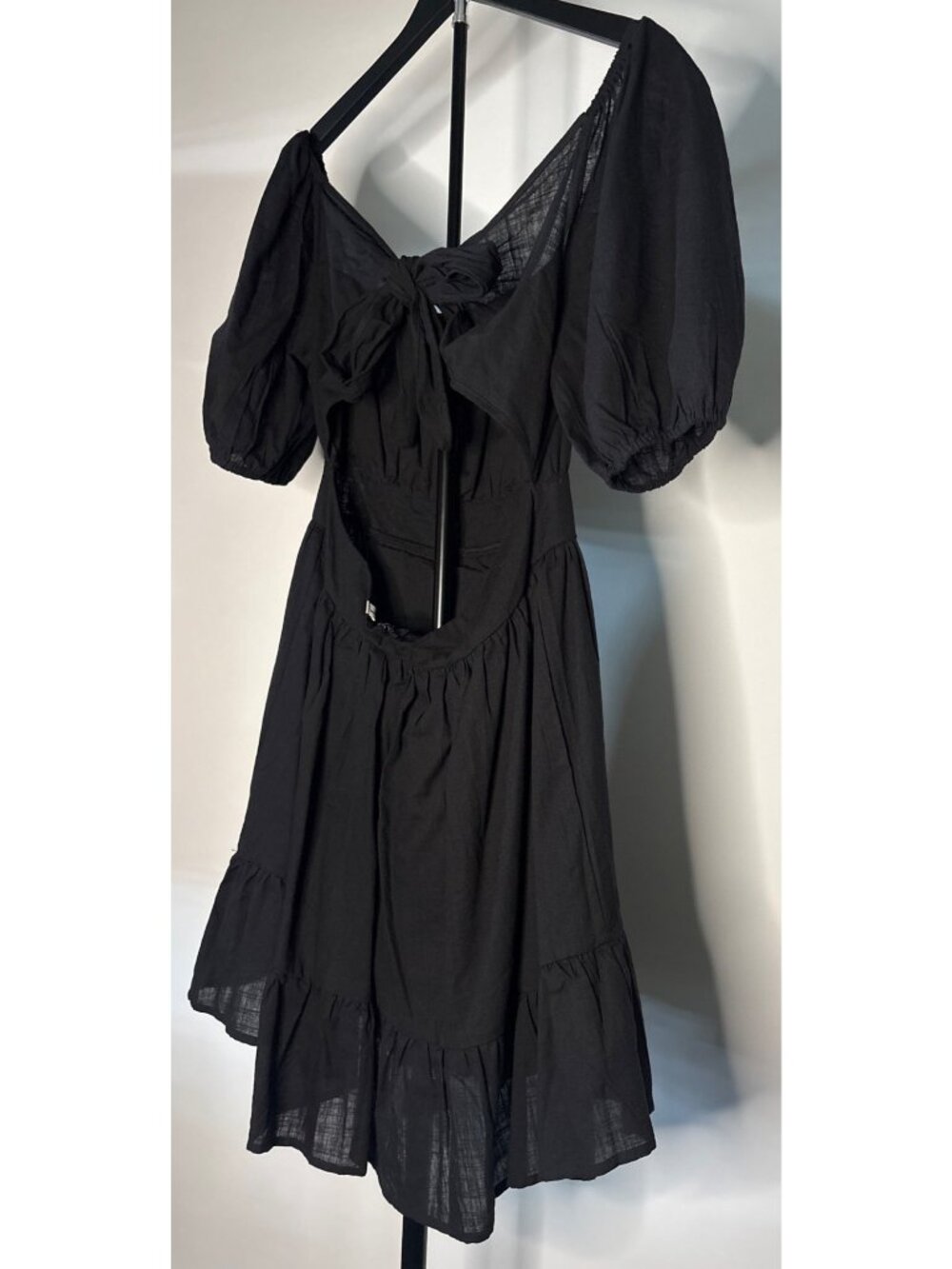 SHEIN Midi Black Backless Cut Out Puff Sleeve Tie Back Smocked Waist Ruffled Hem - Picture 10 of 16